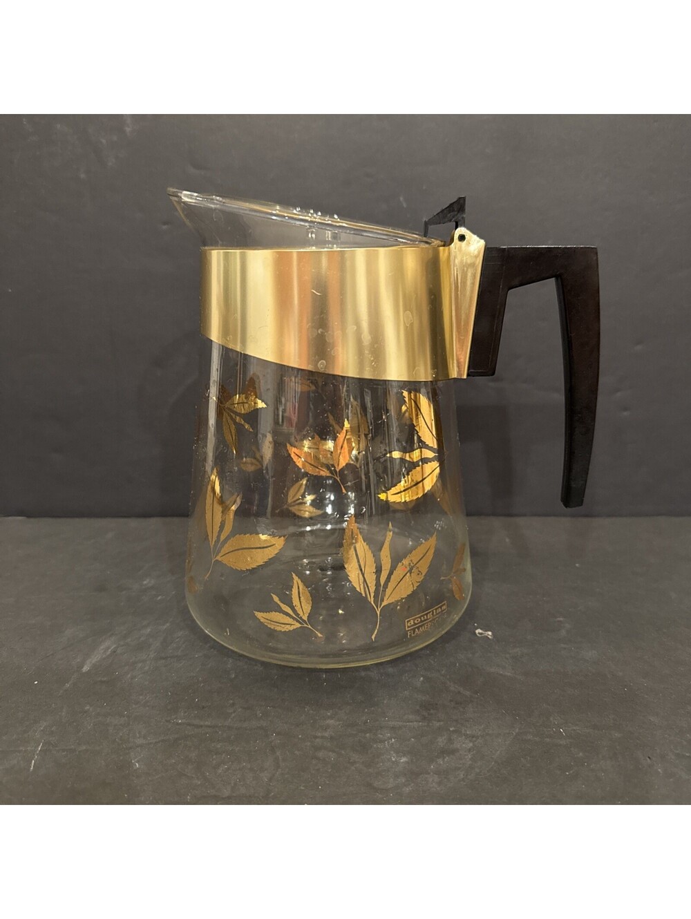 Vintage Douglas Flameproof Glass Carafe Coffee Tea Gold Leaves 7.5" Tall MCM